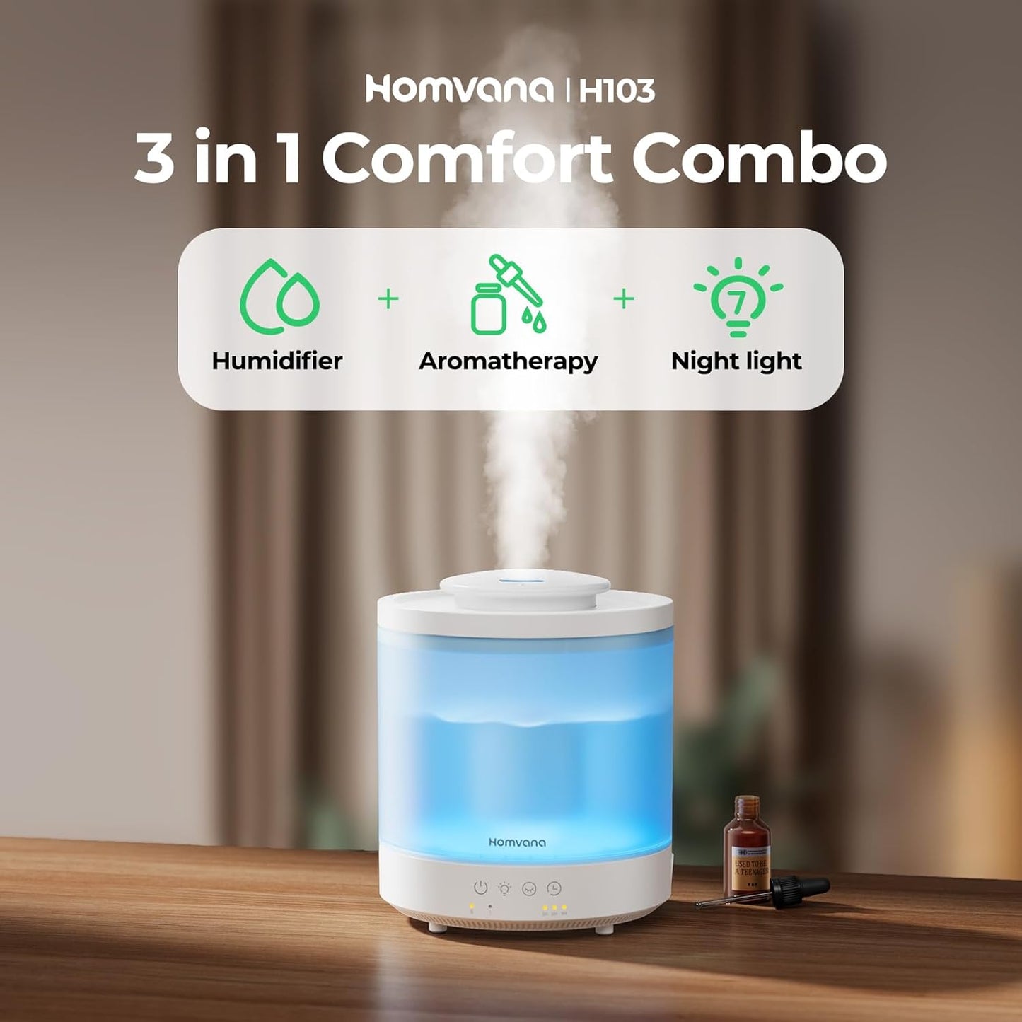 Homvana Small Humidifiers for Bedroom - 2 Packs 1.5L Cool Mist Top Fill Humidifier for Baby Nursery, Essential Oil Diffuser, 3 in 1 for Home Plants Offices and Grow Tents, 7 Color Lights, Ultrasonic