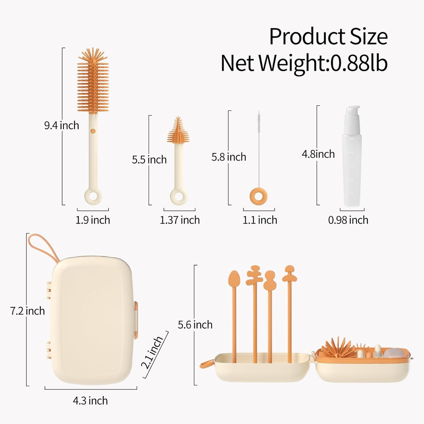7in1 Travel Bottle Cleaner kit,Baby Essentials, with Bottle Brush、Nipple Brush、Straw Cleaner Brush、Soap Dispenser、Bottle Drying Rack、Drainage Tray、Storage Box,Baby Travel Essential (White)
