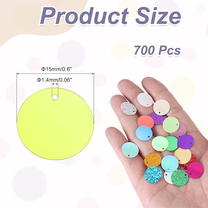 MECCANIXITY 700 Pcs Flat Round Sequins 15mm/0.6 Inch Loose Paillettes Craft