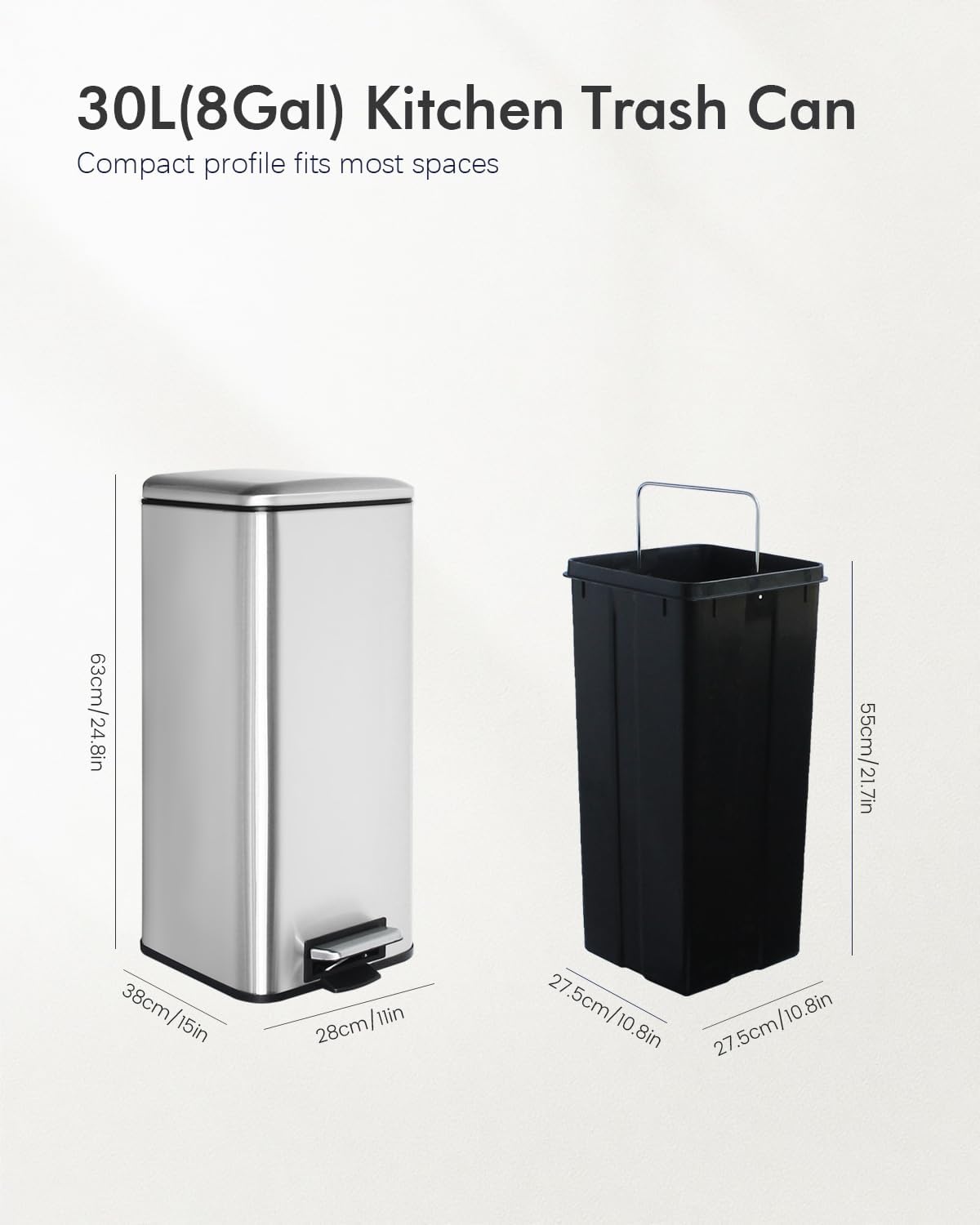 8 Gallon SquareTrash Can with Soft Close Lid, Stainless Steel Trash Can with Removal Inner Bucket, Hand -Free Trash Bin for Kitchen, Office, Laundry, Bathroom, 30 Liter Capacity, Silver