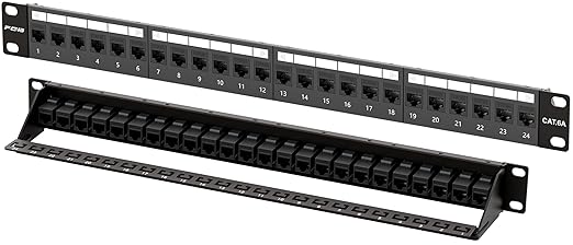 FGB 24 Port Cat6A Keystone Patch Panel, 19" Rackmount or Wall Mount, 1U with Back Bar, Network Patch Panel for Gigabit Ethernet
