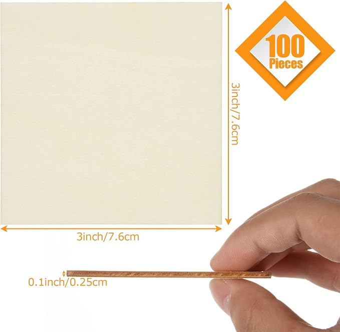 100 Pieces 3x3 Inch Wood Squares Unfinished Basswood Plywood Wooden Sheets 1/8