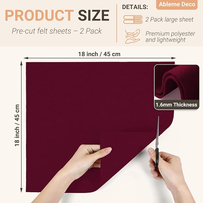 Burgundy Felt Fabric Sheets 18" x 18" 1.6mm Soft Craft Felt | Soft Precut Felt
