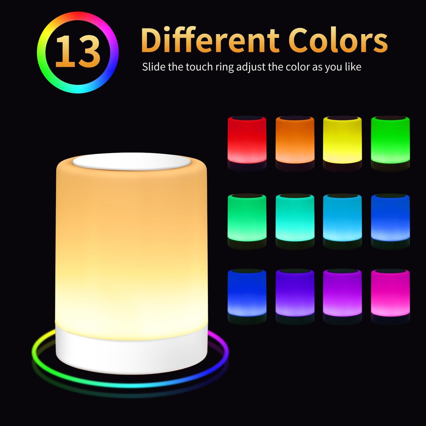 OORUN Touch Bedside Table Lamp,13 RGB Colors & 5 Brightness, USB Rechargeable Desk Lamp, Remote Control Dimmable Light with RGB Color Changing,Portable Lamp for Baby (White)