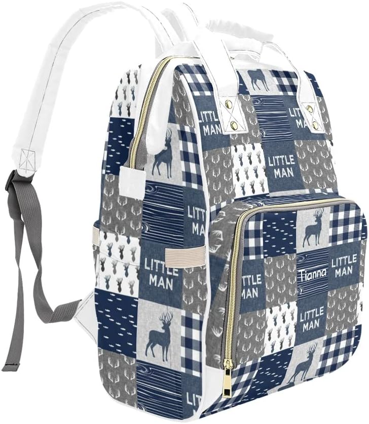 Antler Little Man Navy Woodland Plaid Diaper Bags with Name Waterproof Mummy Backpack Nappy Nursing Baby Bags Gifts Tote Bag for Women