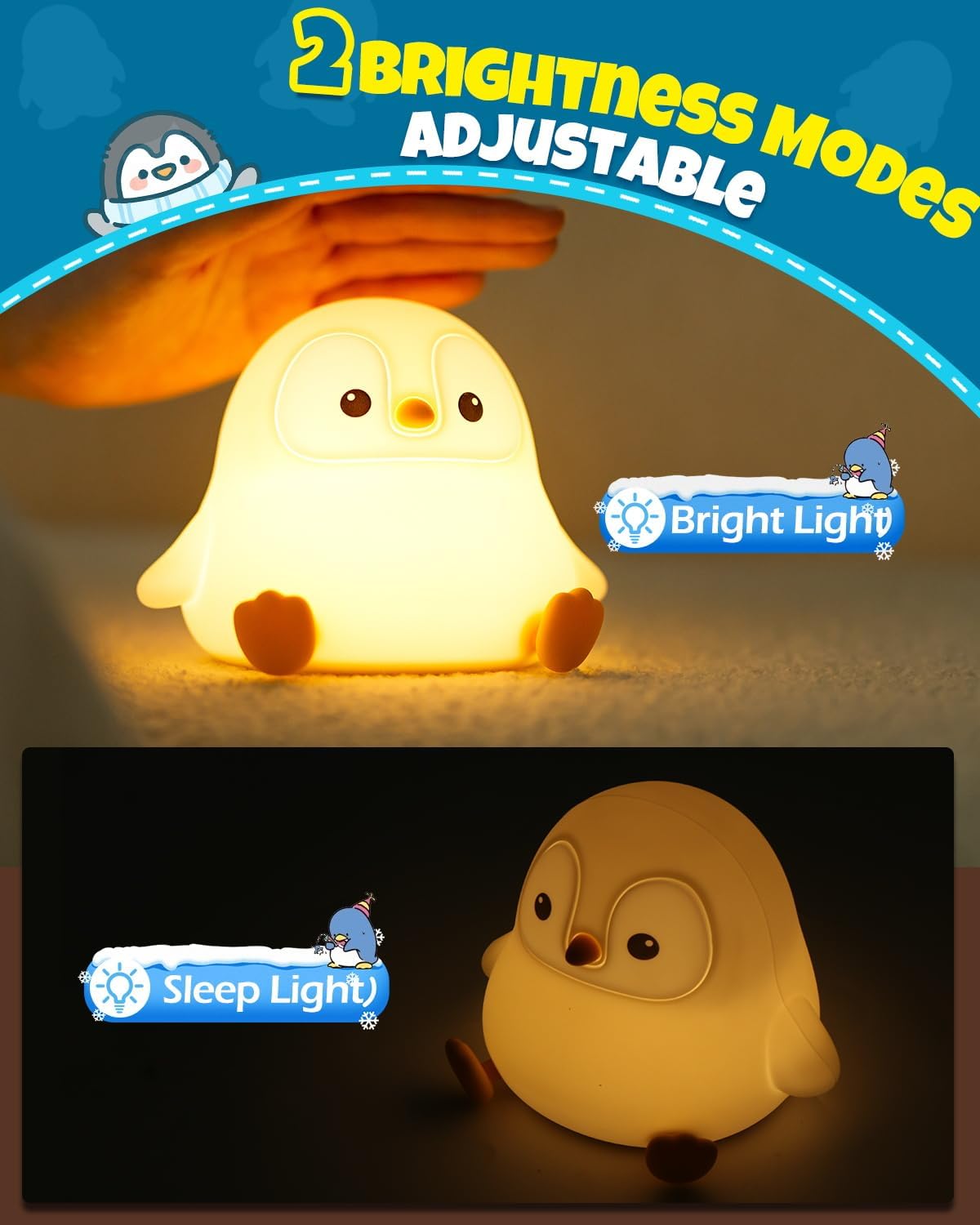 Cute Penguin Night Light, Animal Lamp, Food Grade Silicone, Rechargeable, 2 Level Dimmable, Squishy Nursery Nightlight for Desk Decor, Funny Gifts Stuff for Boys Girls Baby, White Elephant Gifts
