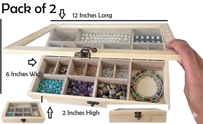 2 Pack Unfinished Wood Box, Glass Lid, 14 Compartment Jewelry Organizer |