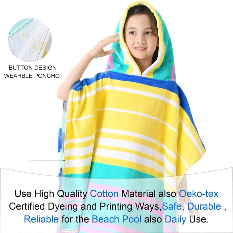 VOOVA & MOVAS Hooded Towels Poncho for Big Kids, Oversized (6-12Years,26"X64") Made from 100% Soft Cotton,Perfect for Swimming | Bathing | Beach | Birthday Gifts, Colorful Stripe