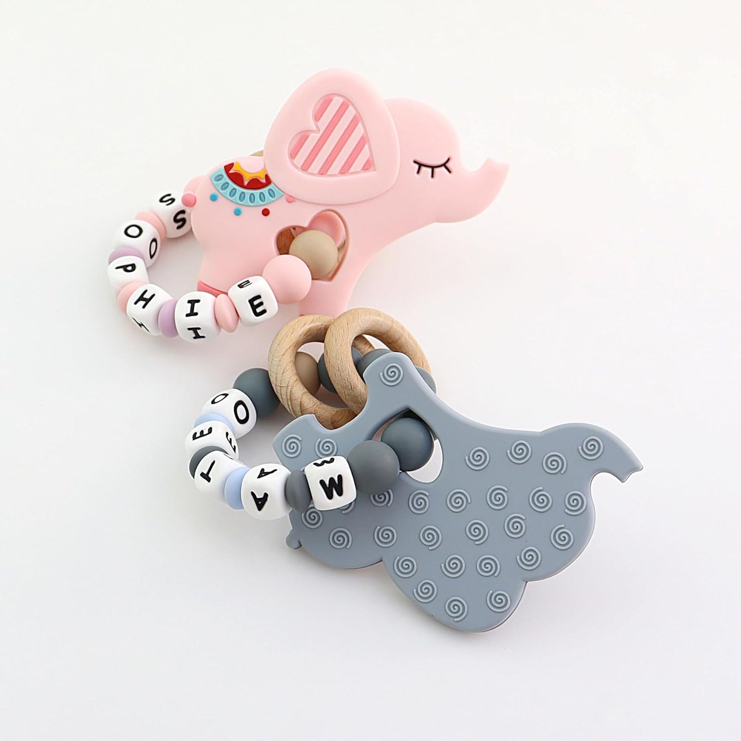 Personalized Baby Teether Rattle with Name – Custom Wooden Teething Toy for Boys & Girls – Handmade Elephant Keepsake Baby Shower Gift (Pink)