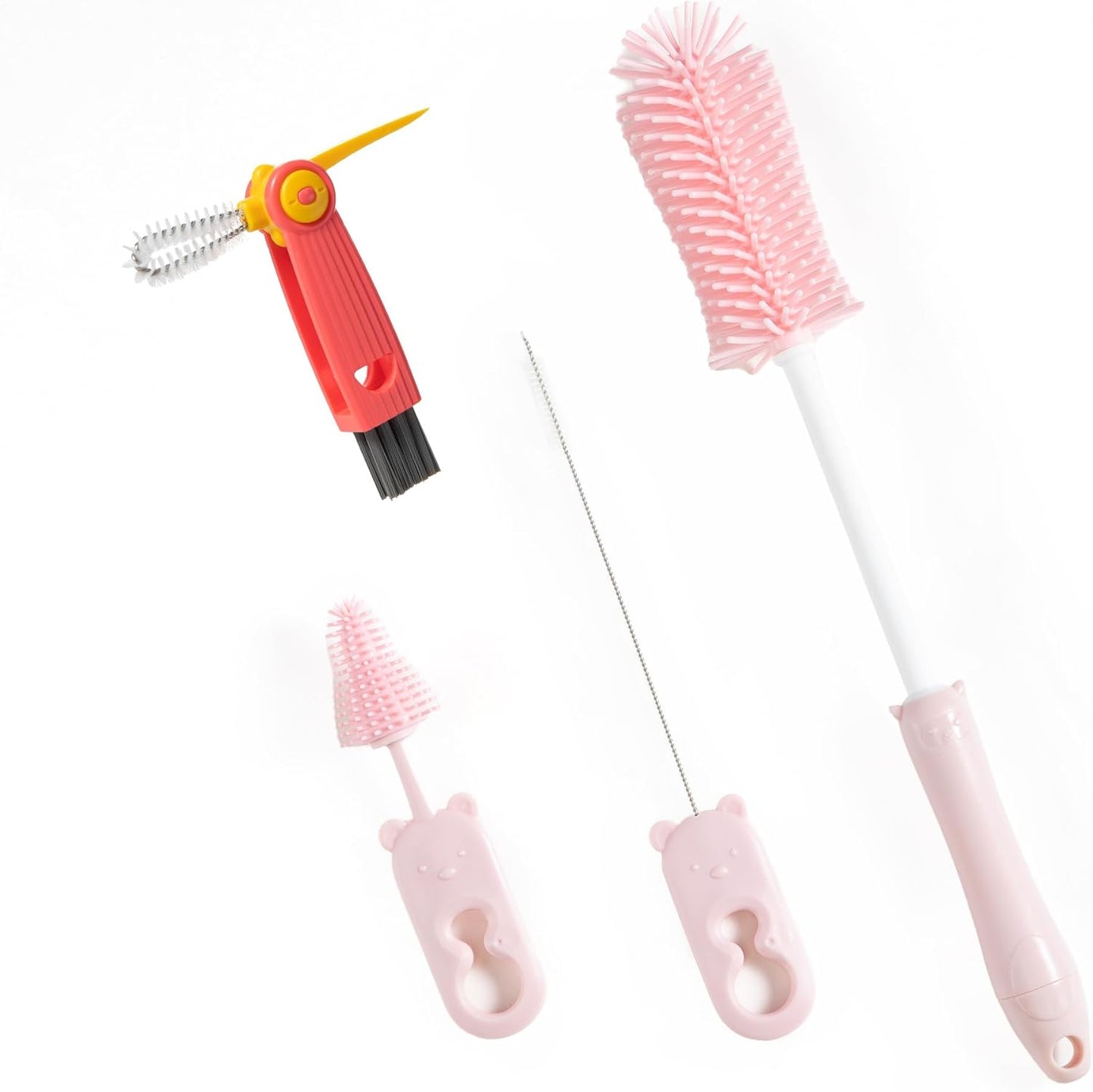 Chemimoso Silicone Bottle Cleaning Brush, 13.4in Long Handle Water Cup Bottles Cleaner for Baby Bottles, Stanley Mug, Sports Bottle, Glass Vase, with a Tiny Cup Lid Gap Cleaning Brush, z Pink