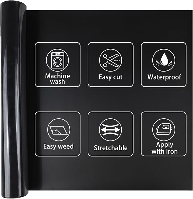 HTVVETUR Reflective Black HTV Roll 12 Inch by 5 Ft Heat Transfer Vinyl Iron on