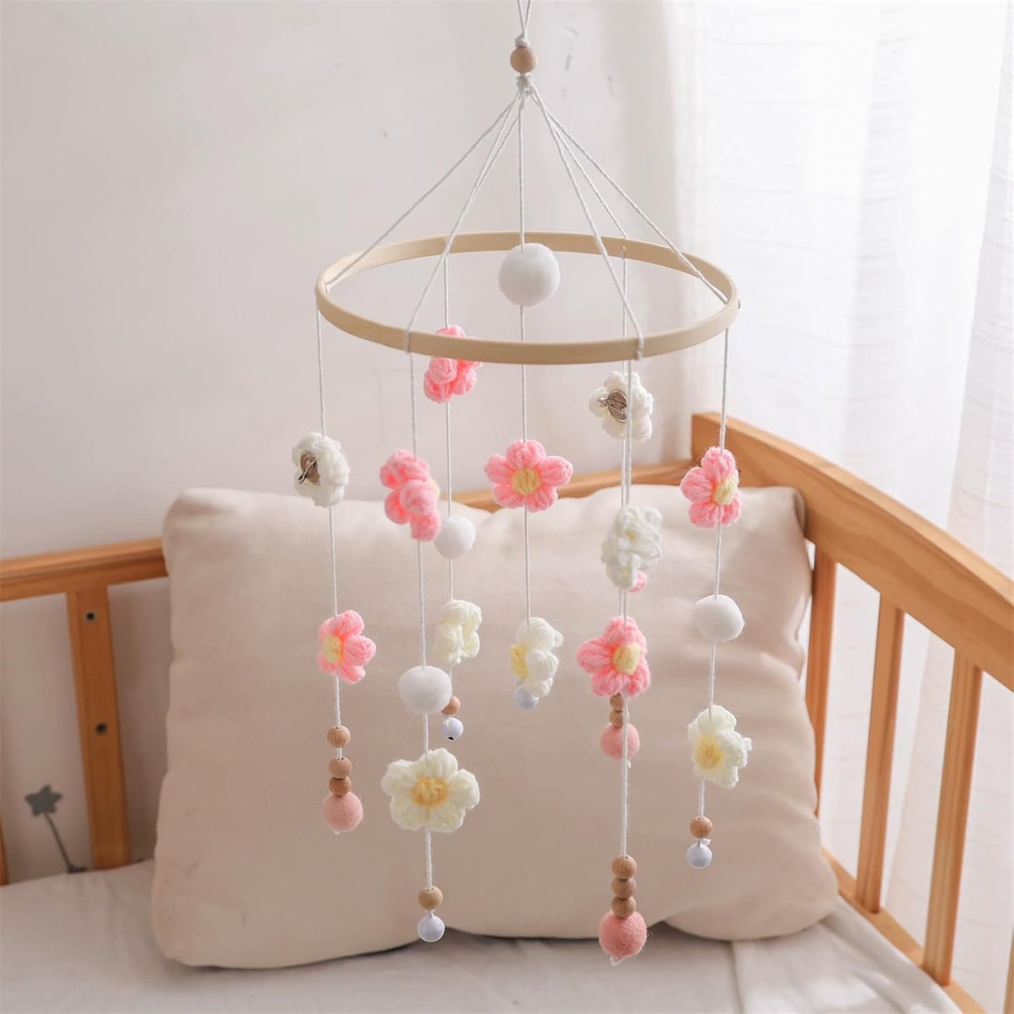 Baby Mobile for Crib - Modern Baby Mobile - Nursery Mobile for Girl or Boy - Hand-Crocheted Colourful Little Flower - Baby Crib Mobile for Boys Girls (C)