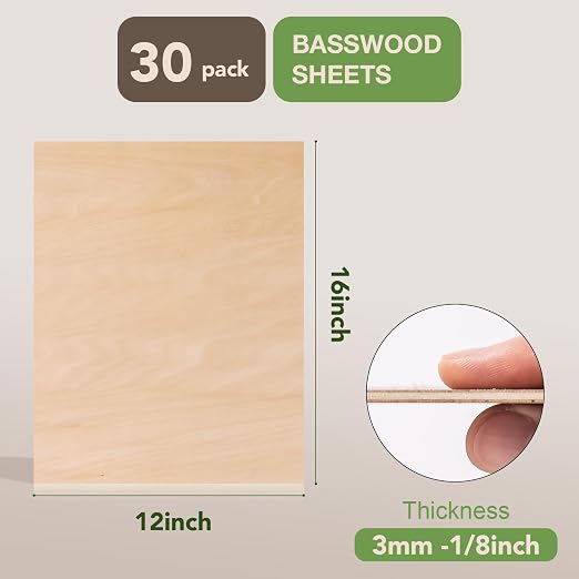 30 Pack Basswood Plywood, Thin Unfinished Wood Sheets Blanks