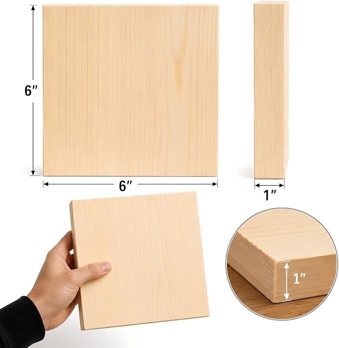 Unfinished Wood Blocks for Crafting, 4 Pack 6 x 6 x 1 Inch Solid Pine Wood