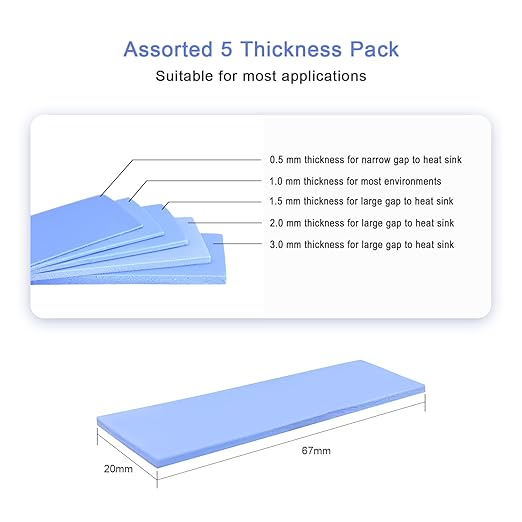 30 Pack Thermal Pads, 20×67 mm by 5 Thickness 0.5 | 1 | 1.5 | 2 | 3 mm, Thermal Conductivity 2.0 W/m.k, Self-Adhesive & Soft, Ideal for Repairing and Cooling Electronics