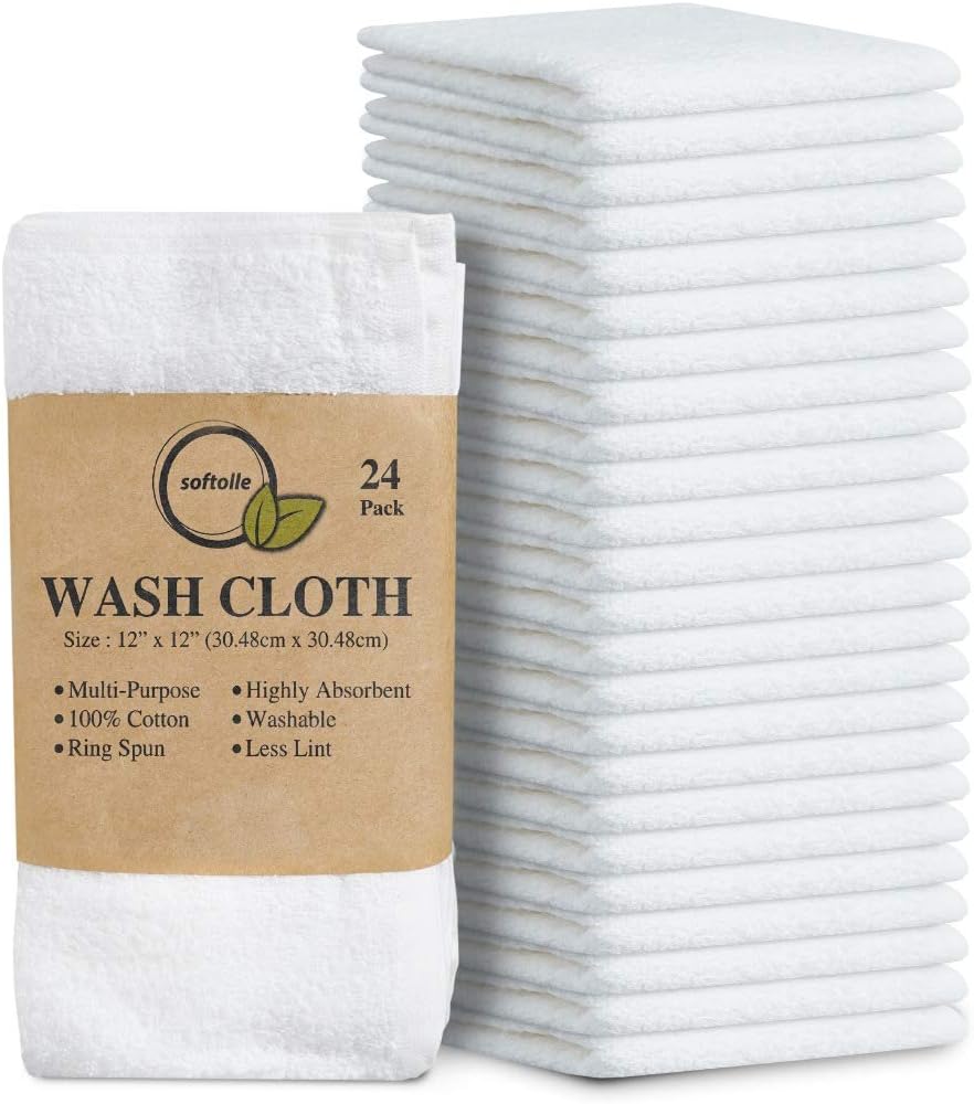 Softolle 100% Cotton Washcloths 24 Pack (12x12 Inches) Soft, Highly Absorbent Washcloth, Face Towels, Wash Cloths for Face, Ring Spun, Bulk Pack (White)