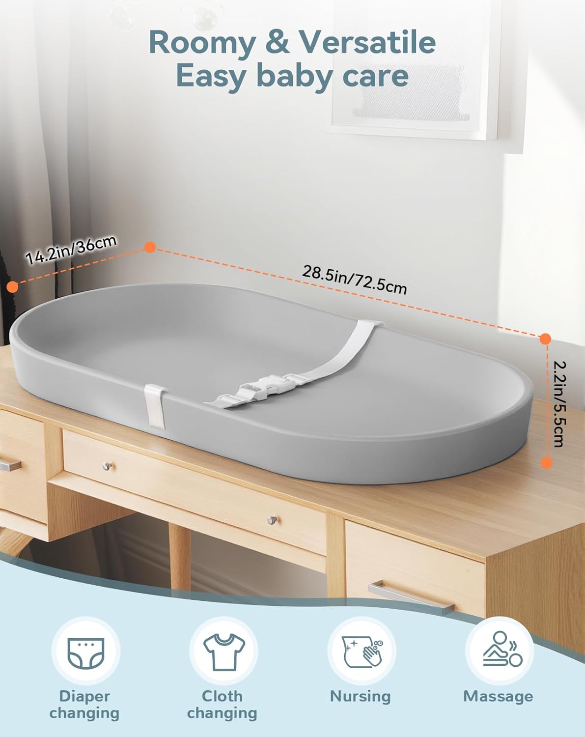 COMOMY Baby Changing Pad for Dresser - Wipeable Changing Pad with Restraining Belt, Waterproof, Soft, Lightweight and Portable, Easy to Clean for On The Go Diaper Change, Light Grey