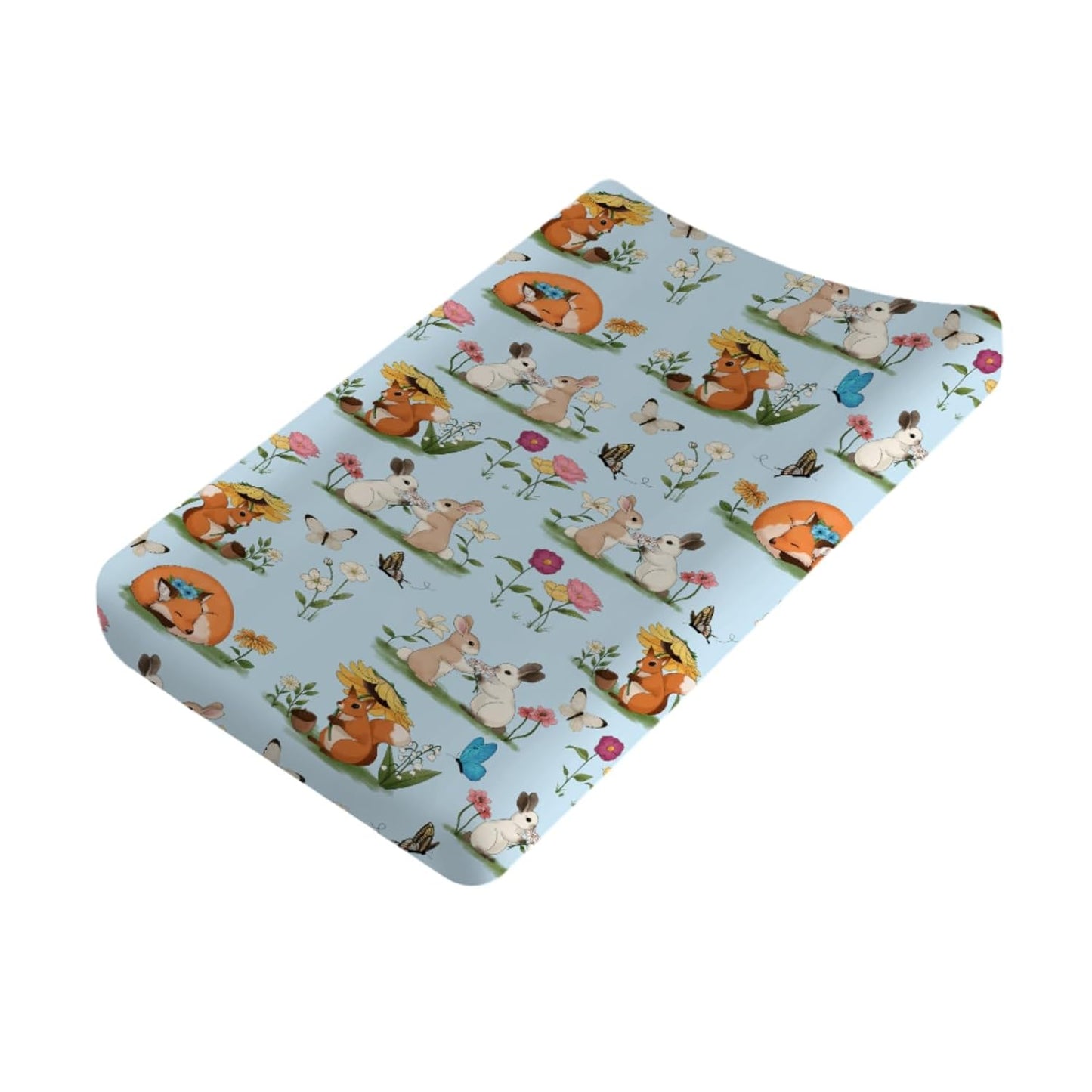 Cute Animals Spring Flowers Baby Changing Pad Covers Boy Girl 32''x16'' Bunny Fox Squirrel Butterflies Floral Fitted Diaper Change Table Mats Forest Soft Breathable Nursery Changing Table Sheets Blue