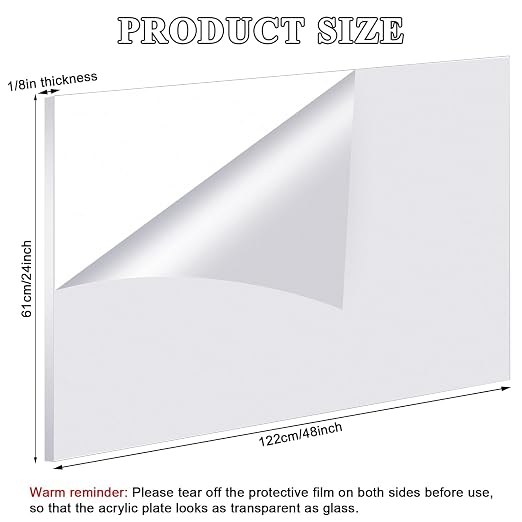 Roowest 2 Pcs 24 x 48 Inch, 1/8 Inch Thick Clear Acrylic Sheets Plastic