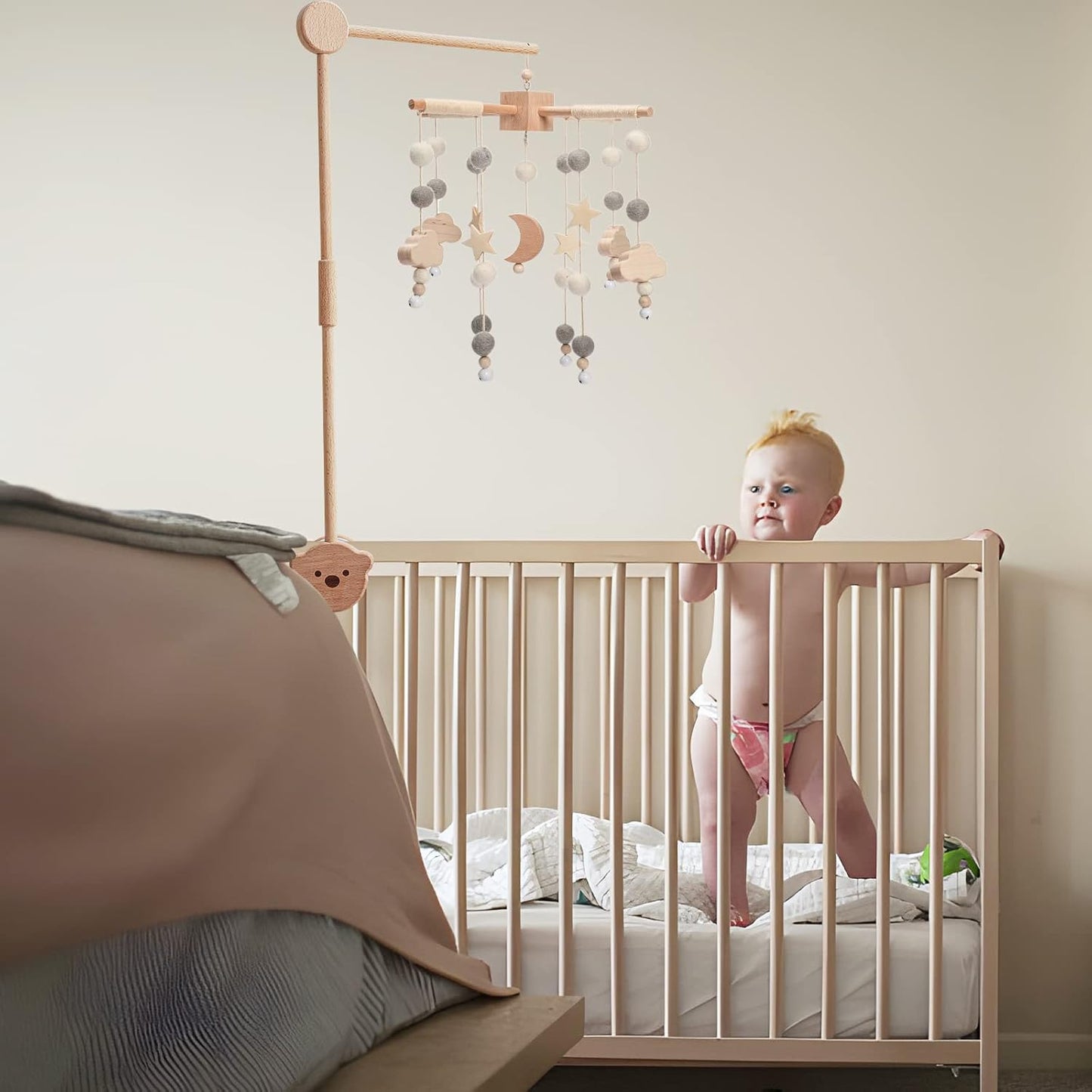 Boho Baby Crib Mobile Decor - Wooden Moon and Stars Nursery Mobiles with Cloud for Bassinet Starry Night Handmade Soft Felt Beads Hanging Wind Chime Toys Pendant for Infant Newborn Boy and Girl