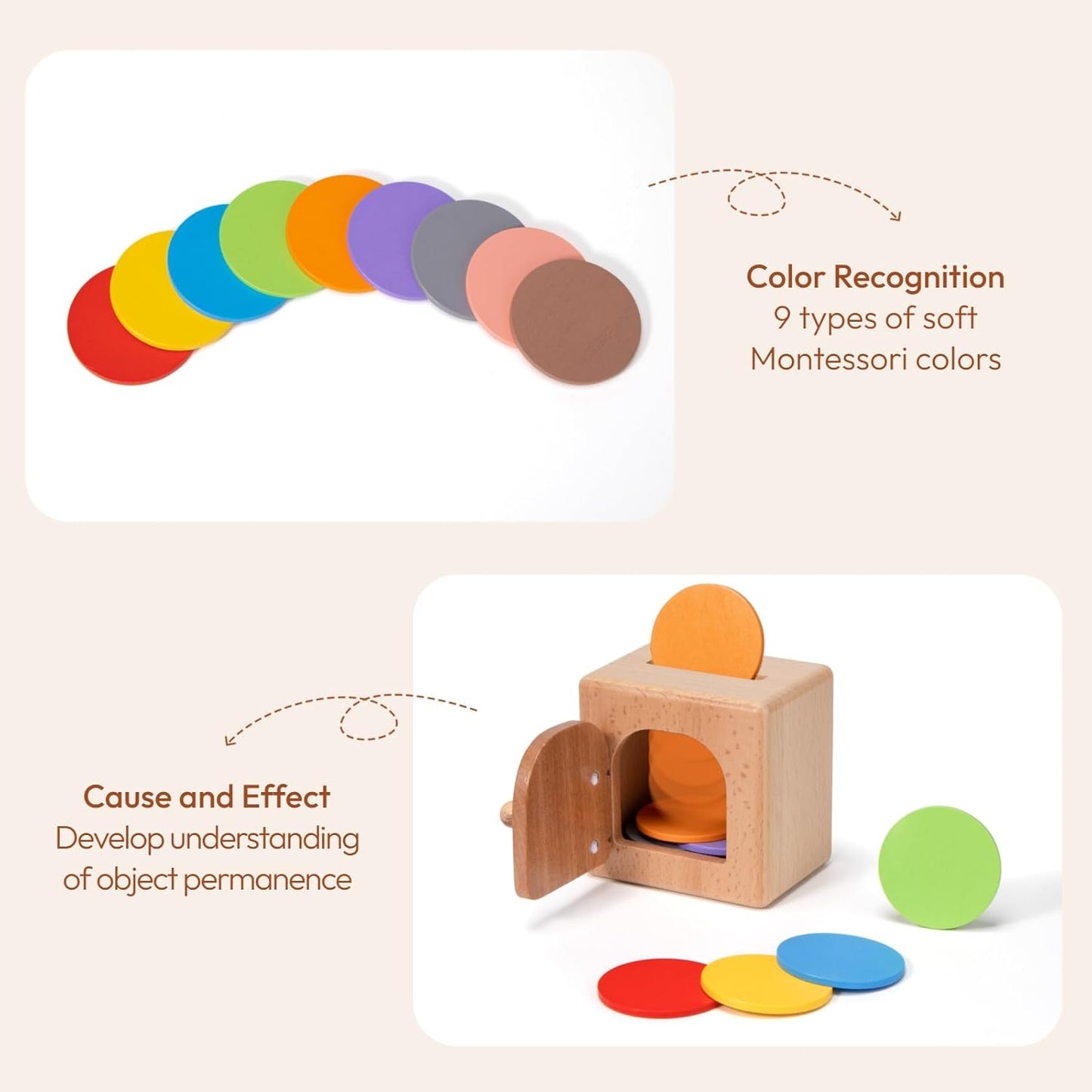 Woodtoe Montessori Coin Box for Toddlers, Montessori Toys for 1 2 3 Year Old, Fine Motor Skills Toys, Wooden Color Sorting Sensory Toy, Object Permanence Learning Matching Travel Game for Boys Girls