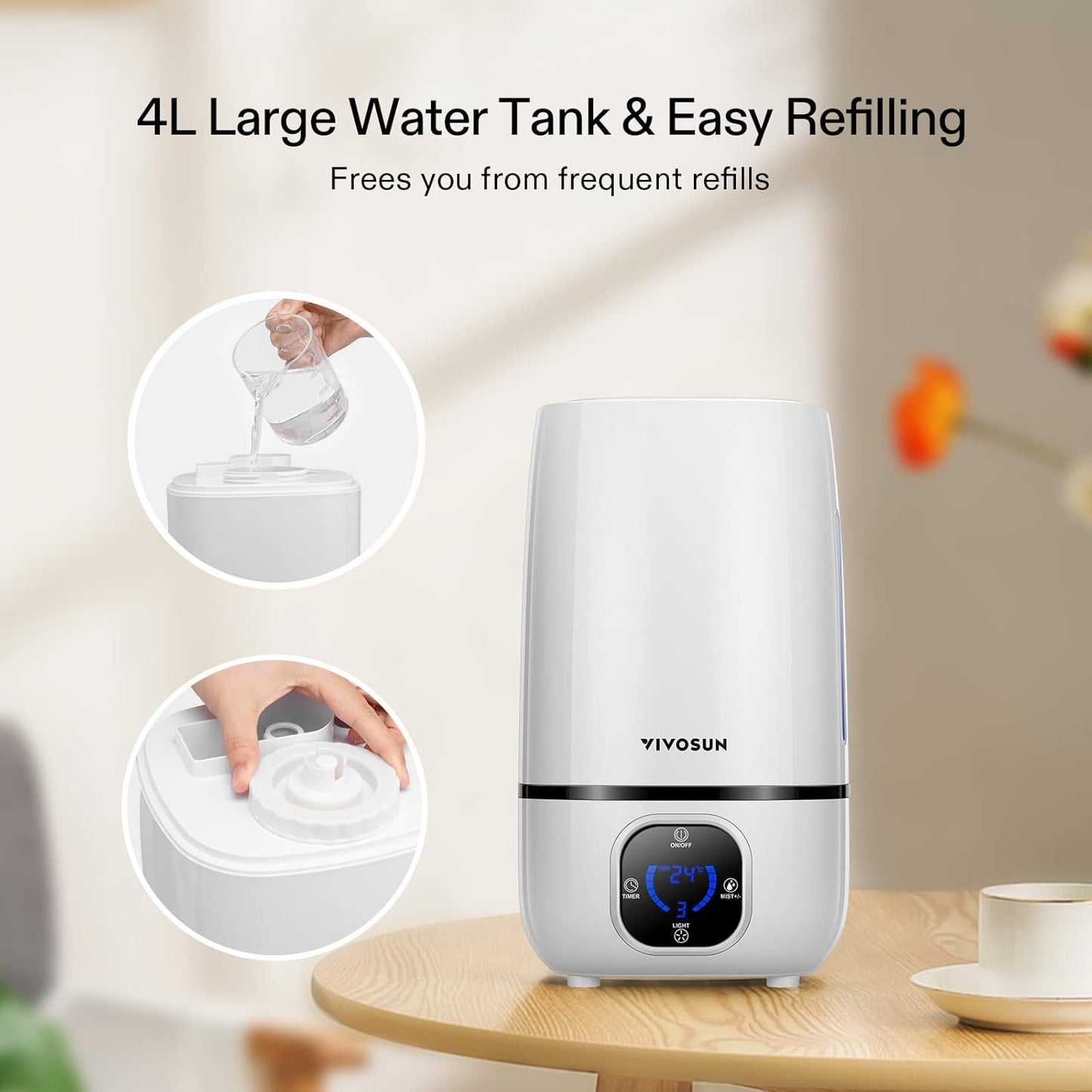 VIVOSUN 4L Cool Mist Humidifier with Remote Control for Bedroom, Plants, Baby, Dry Skin