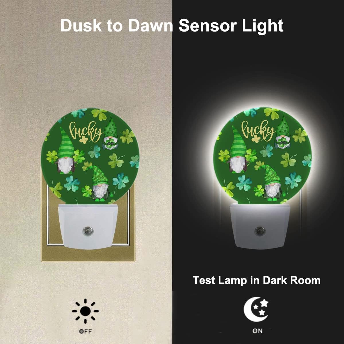 St Patrick Day Cute Gnomes Night Light Lucky Four Leaf Clover Green Night Lights Plug into Wall with Light Sensors Auto on/Off for Holiday Gifts for Boys Girls Women Teen