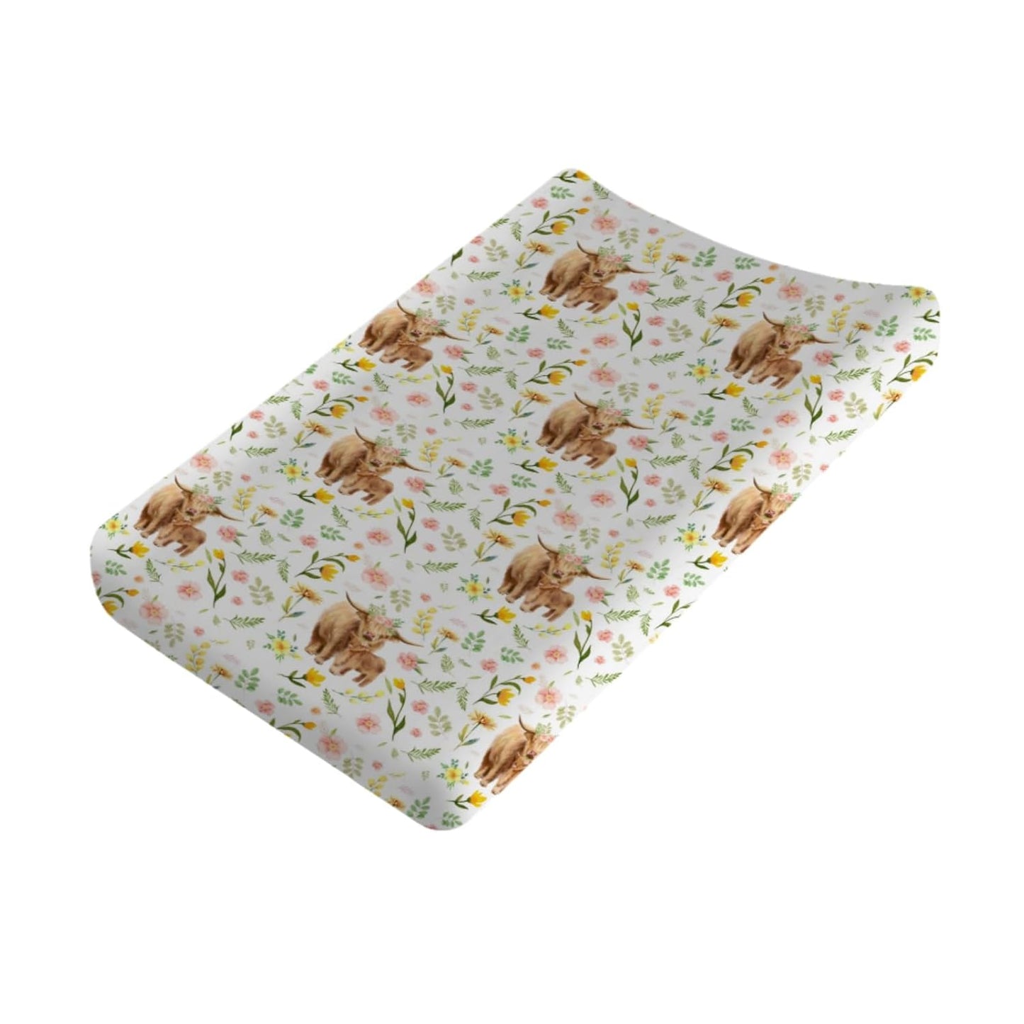 Highland Cows Retro Flowers Leaves Changing Pad Cover Farm Yak Floral Diaper Change Table Covers for Girls Boys Soft Stretch Fitted Changing Table Mats Sheets 32''x16''