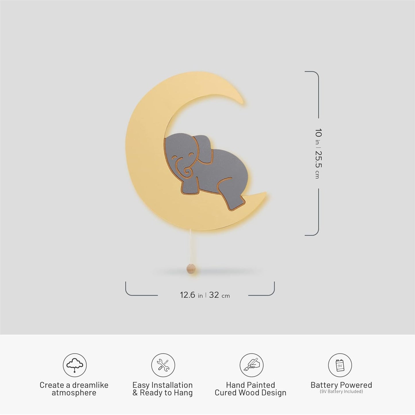 Lumipets Lighted Elephant on Moon, Nursery Night Light, Wall Mounted Lighted, Battery Operated Cloud Light Sign–Lightweight Moon Night Light for Babies, Toddlers, Kids