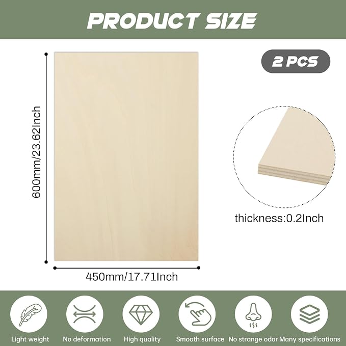 2 Pack Plywood Sheets, 17.1" x 23.6"x 0.2" Basswood Sheets | 5mm Basswood Craft