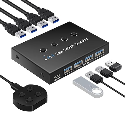 USB 3.0 Switch 4 Computers 3 Computers Keyboard Mouse,4 Port USB Switcher Sharing Mouse Keyboard Scanner Printer, Includes Cables and Remote