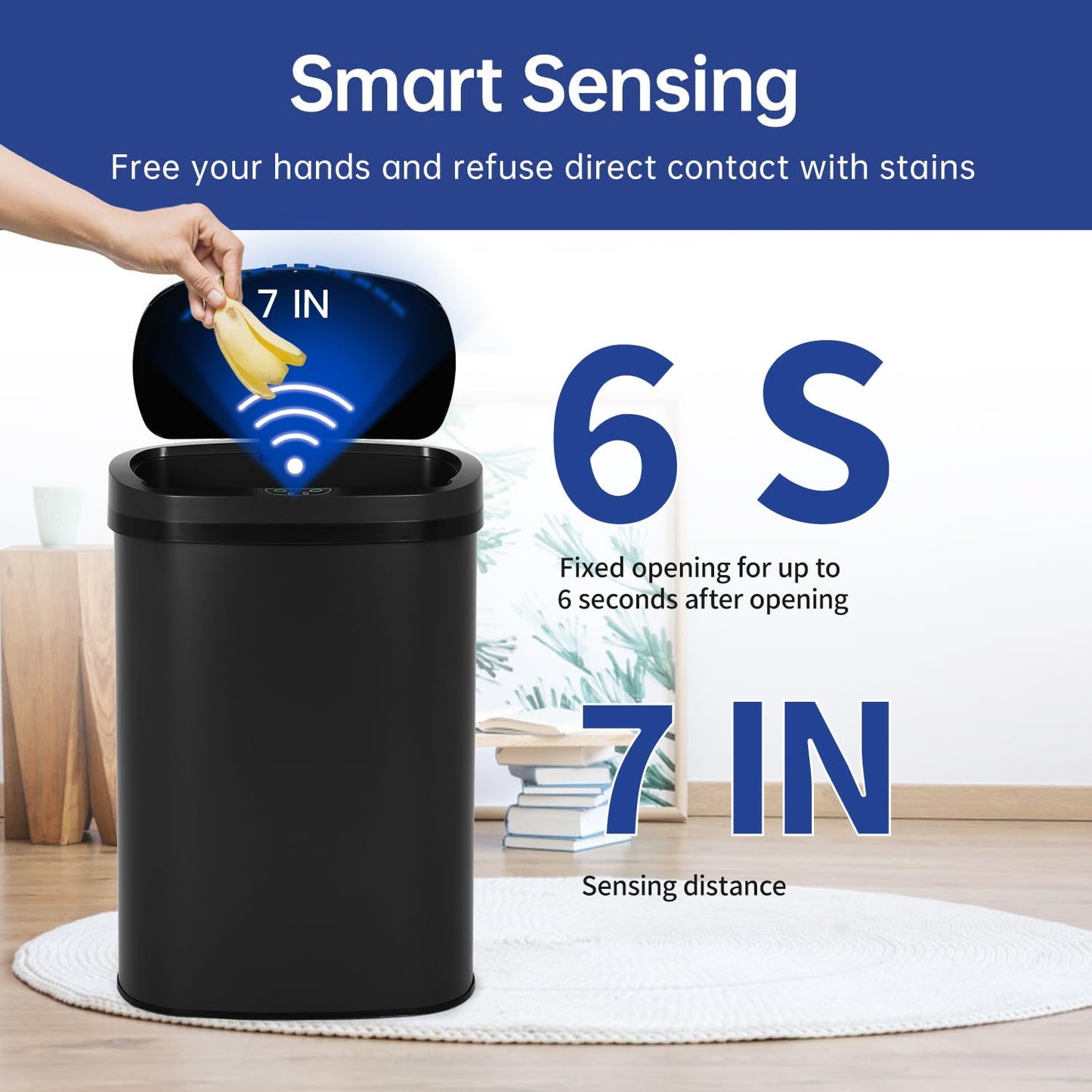 Stainless Steel Kitchen Trash Can Bathroom Bedroom Office Waste Bin with Lid Automatic Sensor Touch Free Garbage Can 13 Gallon / 50L,Black