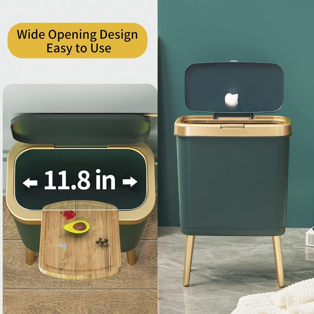 Procade Trash Can with Lid,Small Bathroom Garbage Can with Lid, Plastic Trash Can with Push Button,Narrow Waste Basket for Bedroom,Living Room, Toilet,Office,Kitchen,4 Gal-Gold Edge