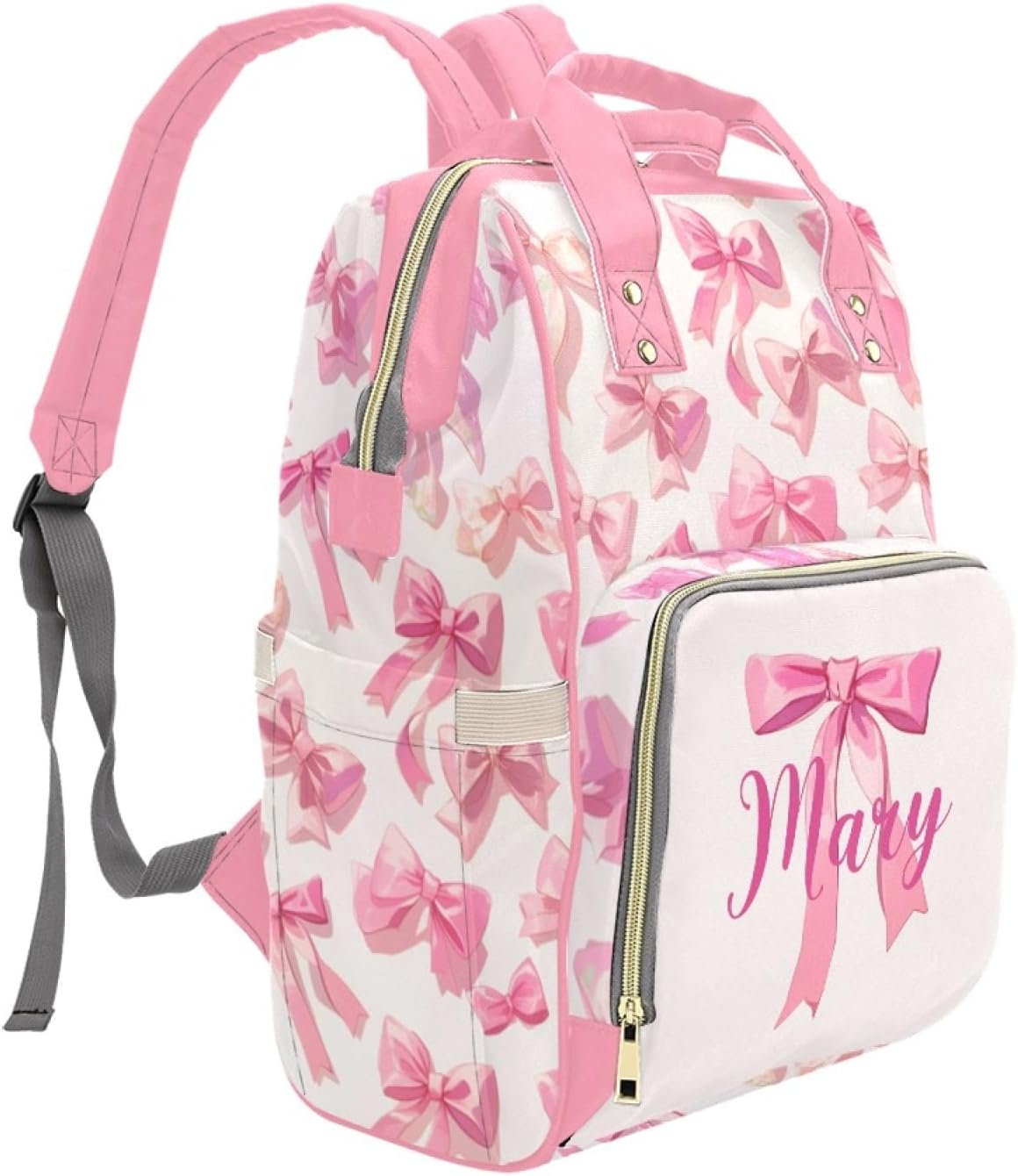 Custom Diaper Bag Backpack for Women, Personalized Name Nursing Mommy Daypack, Pink Bow Diaper Bag for Baby Girls, New Mom Gifts