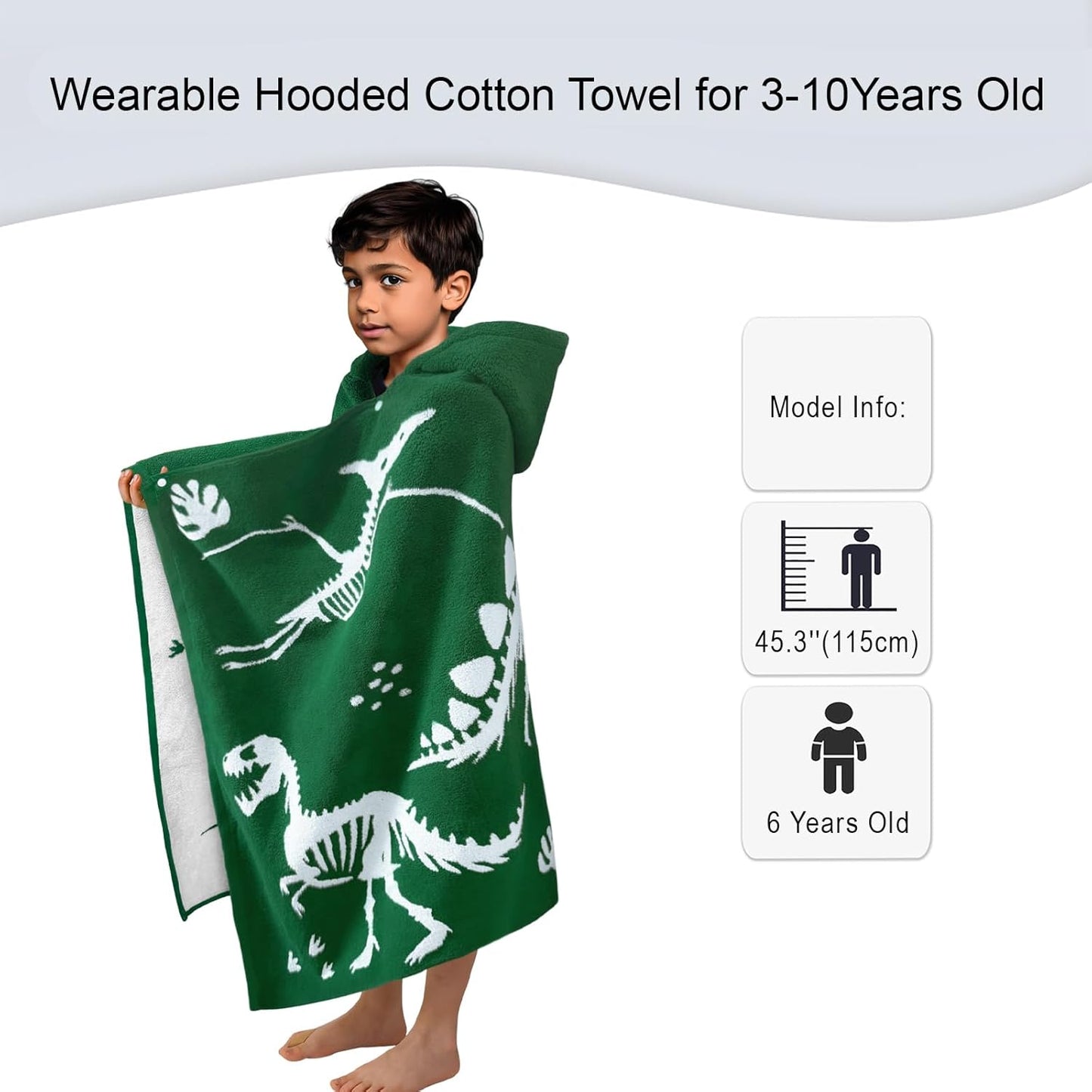 VOOVA & MOVAS Dinosaur Hooded Bath Towels for Kids (3-10Years,30"x53"),Soft Cotton Thick Absorbent Towel Wrap for Toddler Boys,Perfect for Bathroom | Pool | Swimming, Jacquard Green Dino