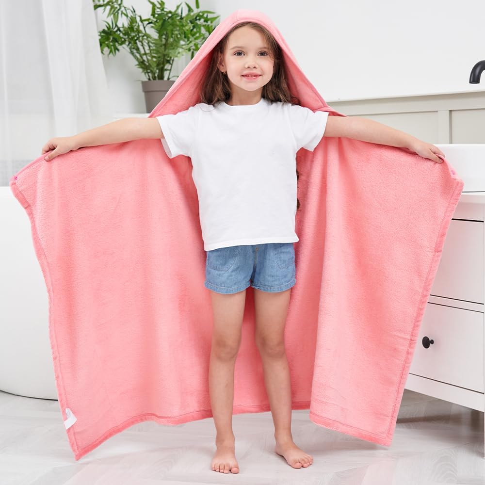 Hiturbo 2Pcs Kids Fleece Hooded Towel: Soft Plush Warm Blanket - 50"x30" Pool Beach Bath Swim Towel Wrap for 3-12 Yrs (Blue+Pink)