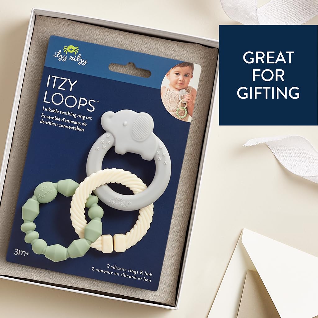 Itzy Ritzy - Itzy Loops Sensory Teether; Includes 2 Silicone Rings and 1 Link (Elephant)