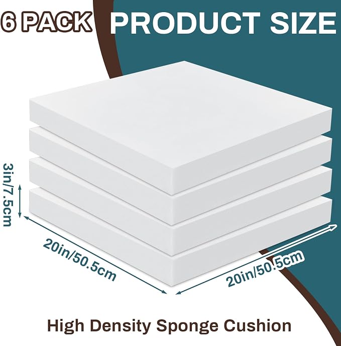 Frienda 6 Pack 3" X 20" X 20" Upholstery High Density Foam Cushion White
