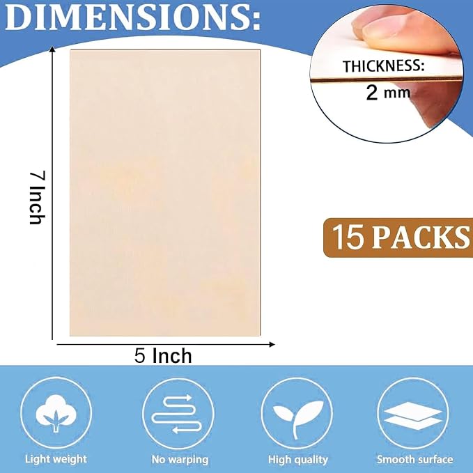 15 Pack Balsa Wood Sheets, 2mm Plywood Sheet, Basswood Sheets 5X7X1/16 Inch
