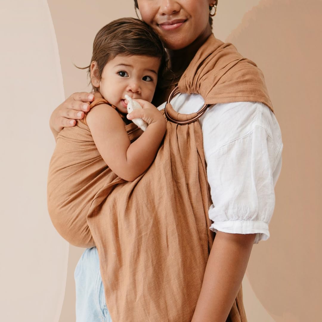 WildBird - Ring Sling Baby Carrier - Newborn to Up to 35 lbs - for Moms, Dads & Caregivers - 100% Natural European Linen Fibers - Versatile & Adjustable - 74” Size - Willow Fabric & Black Ring