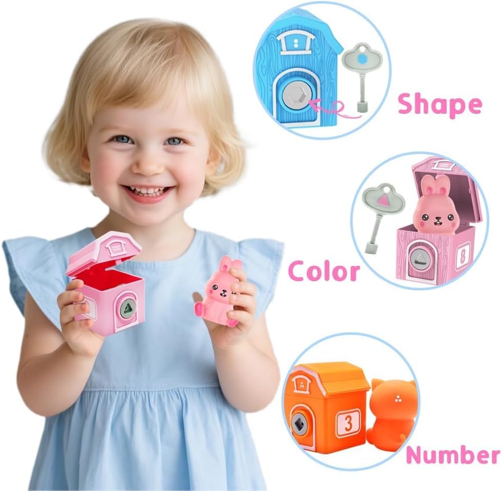 Learning Montessori Toys for Toddlers 1 2 3 Years Old, Sensory Farm Animals Train Toys with 10 Finger Puppets 1 Farmer, Counting Matching Sorting Barns with Keys, Educational Gift for Boys Girls
