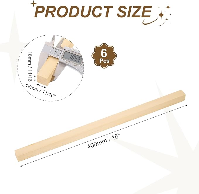 MECCANIXITY 6Pcs Basswood Sticks, 11/16" x 11/16" x 16" Square Wooden Dowel