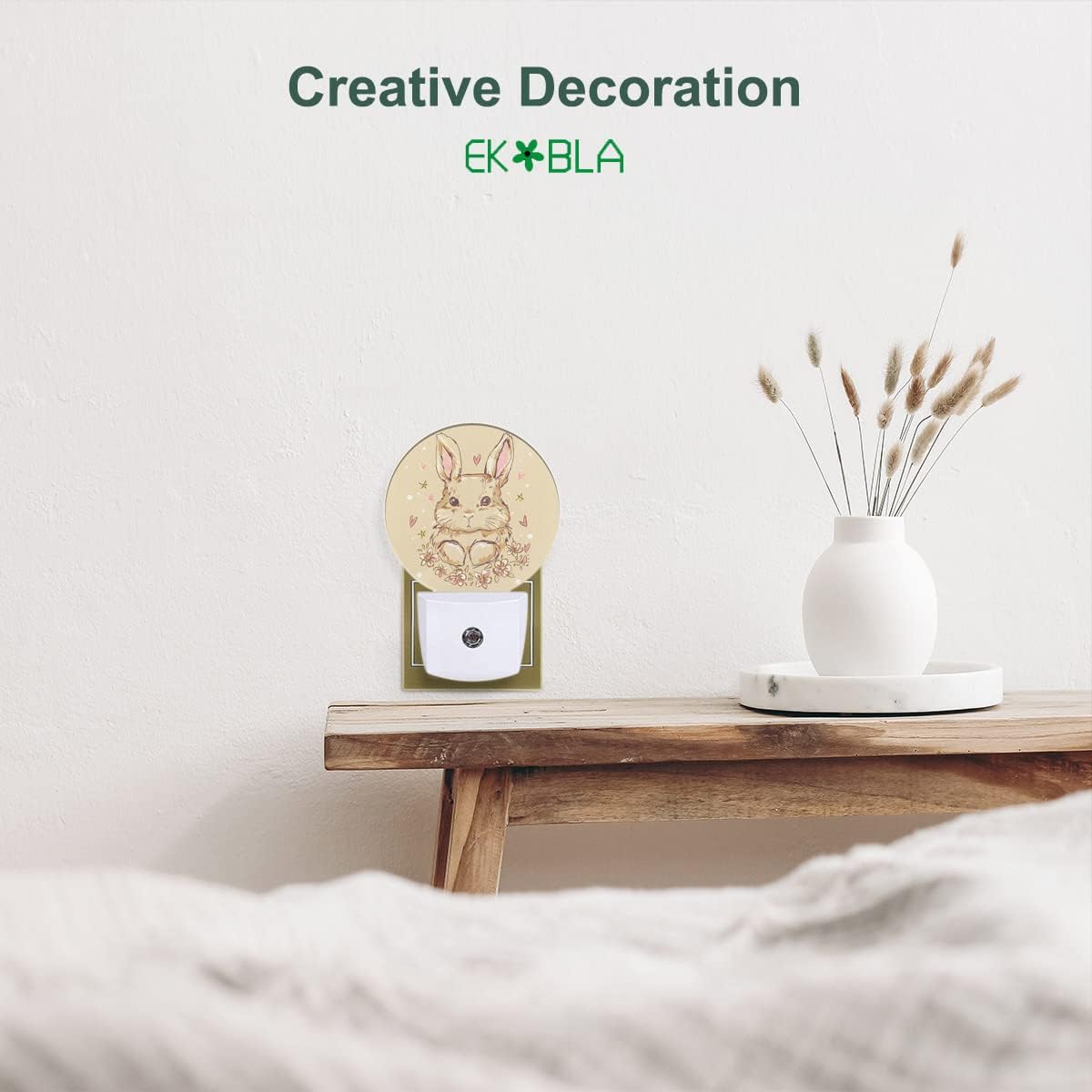 EKOBLA Easter Bunny Night Light Cute Animal Rabbit Hare with Butterfly Boho Plug-in Nightlights Auto Sensor Energy Efficient LED Lamp for Boy Girl Gifts