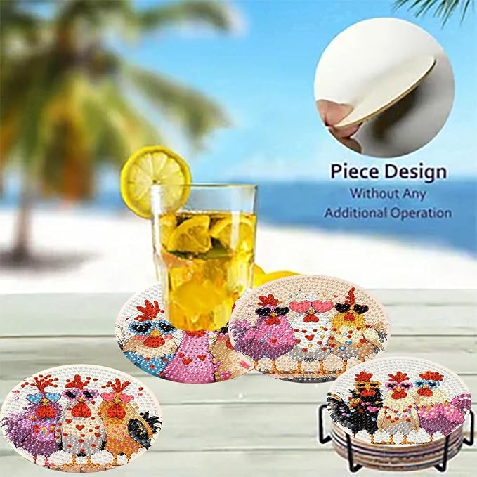 Zythron 8 Pack Diamond Art Coasters, Chicken Diamond Painting Coasters Kits |