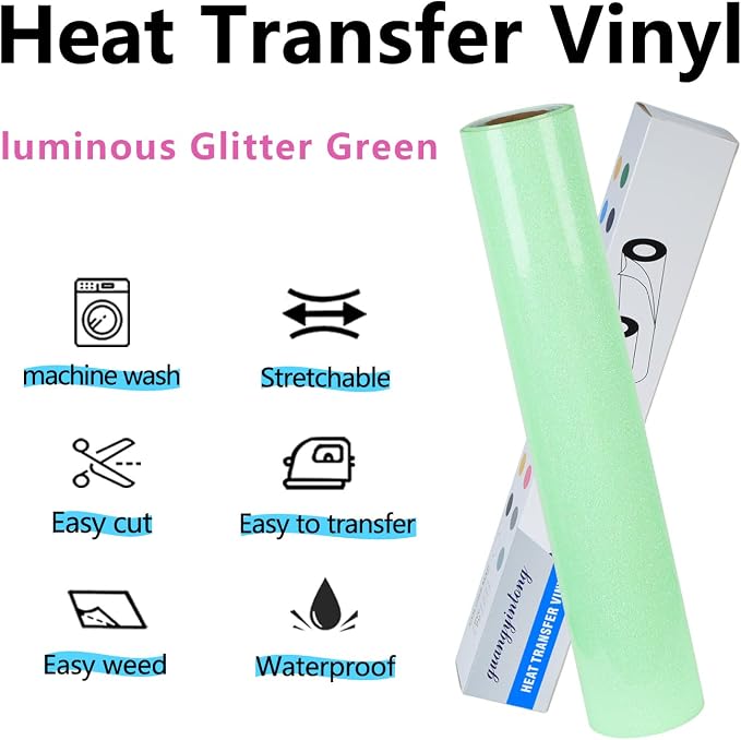 guangyintong Glow Glitter Light Green Heat Transfer Vinyl HTV Rolls, Glitter