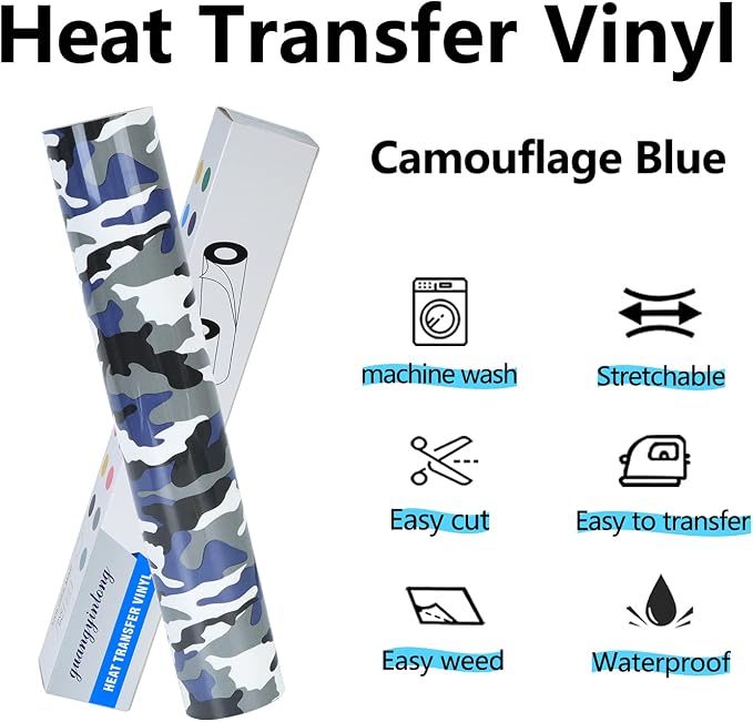 guangyintong Camouflage Blue Heat Transfer Vinyl HTV Rolls, Stretchy HTV Vinyl