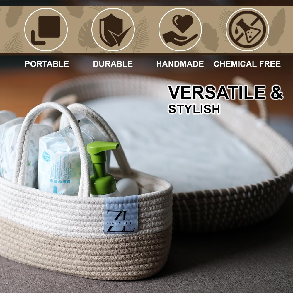 ZEAL'N LIFE Seagrass Baby Changing Basket Set – Portable Diaper Changing Station for Dresser & Table | Waterproof Changing Pad, Baby Towel & Diaper Caddy | Nursery Changing Table & Baby Gift Idea