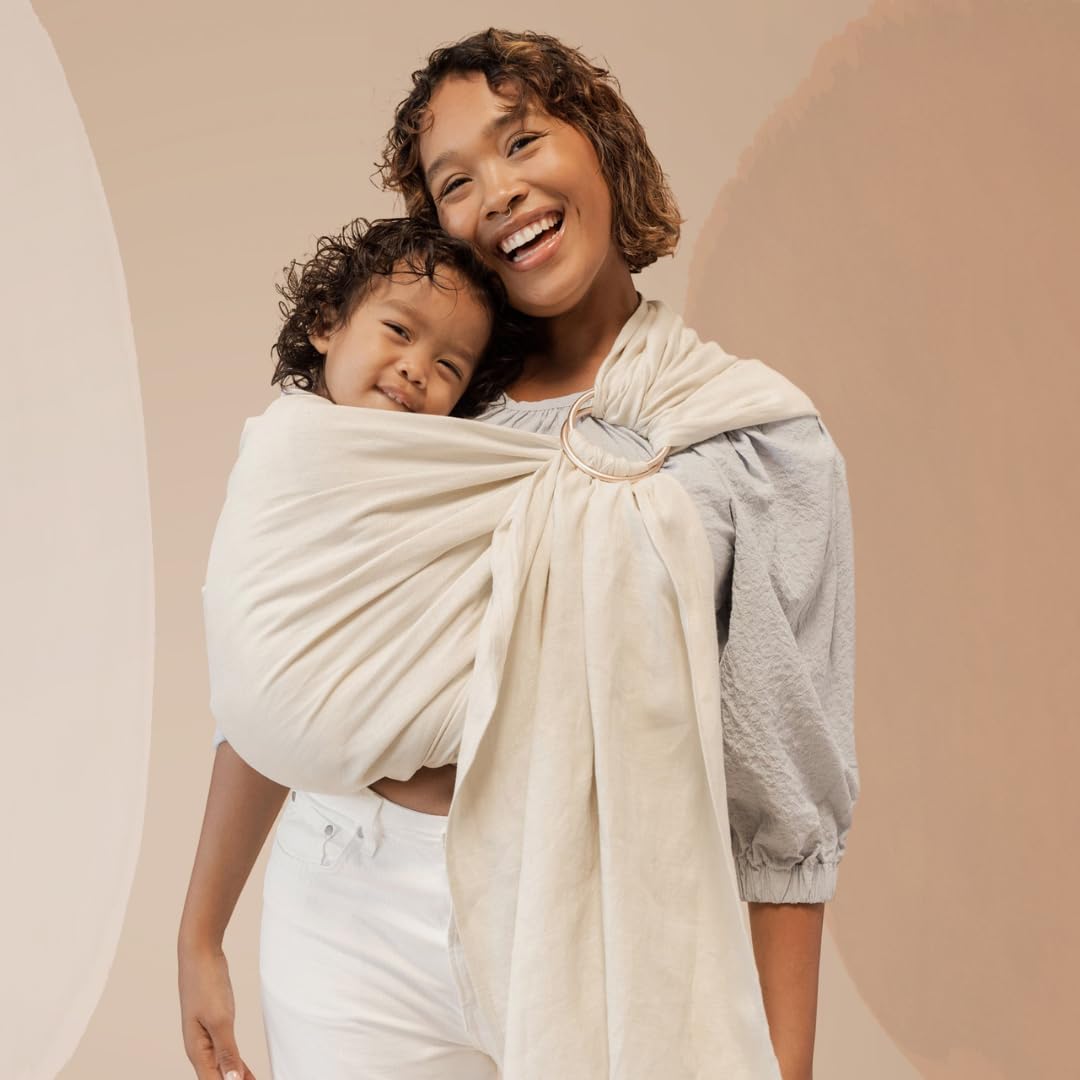 WildBird - Ring Sling Baby Carrier - Newborn to Up to 35 lbs - for Moms, Dads & Caregivers - 100% Natural European Linen Fibers - Versatile & Adjustable - 90” Size - Sparrow Fabric & Rose Gold Ring