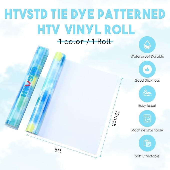 HTVSTD Blue Tie Dye HTV Heat Transfer Vinyl 12×8ft Iron on Vinyl | Vivid Color