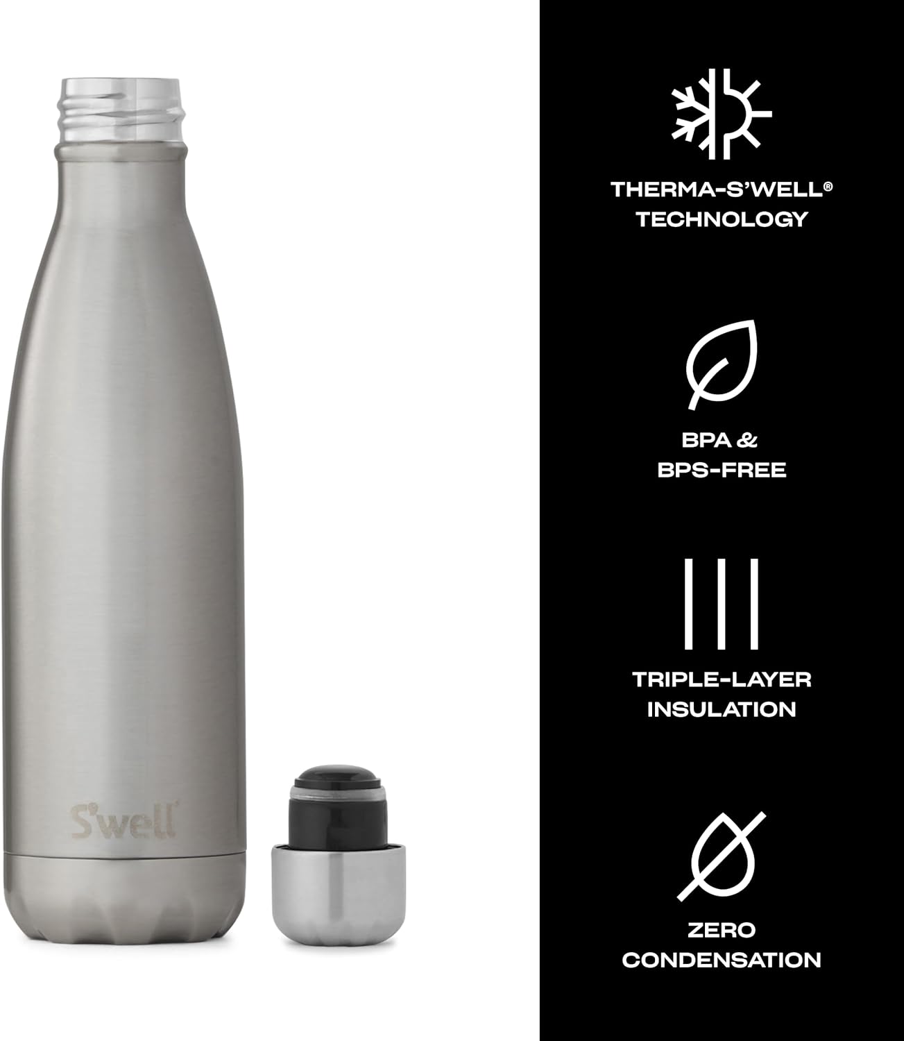 S'well Stainless Steel Water Bottle - 17 Fl Oz - Silver Lining - Triple-Layered Vacuum-Insulated Containers Keeps Drinks Cold for 36 Hours and Hot for 18 - BPA-Free - Perfect for the Go